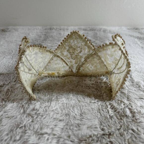 Vintage Bridal Lace Crown Tiara Gold Beaded Heart & Sequin Wedding Headpiece main image 6